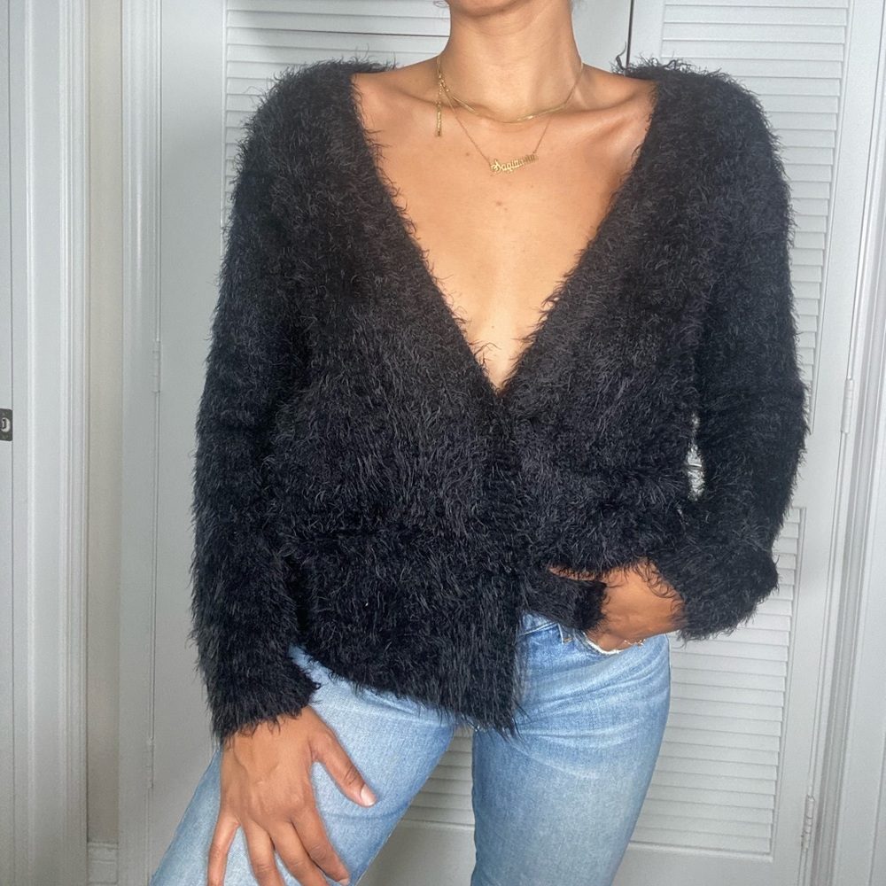 Black fuzzy bottom down sweater